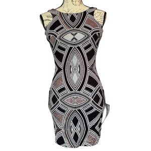 Speechless Geometric Bodycon High Neck Sleeveless Dress Black White Rose Gold